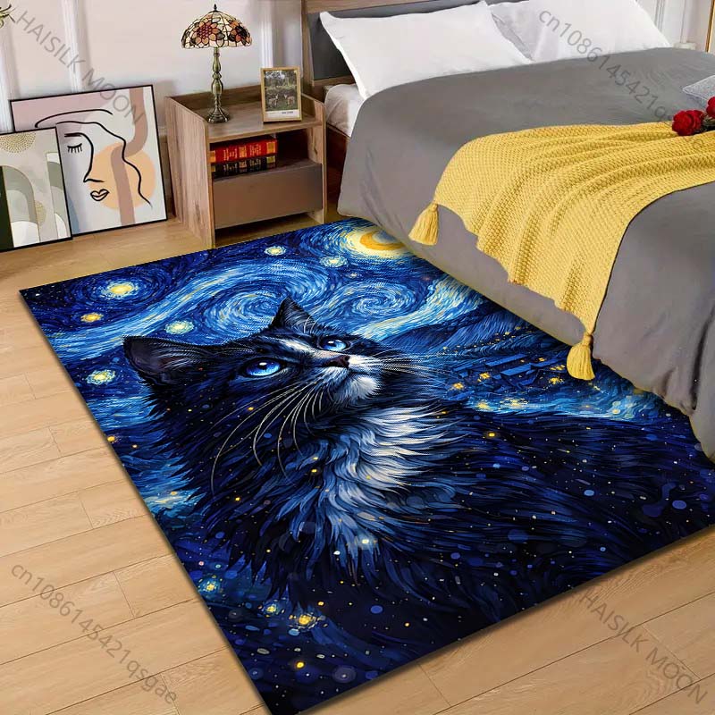 

1PC Van Gogh-style cat night sky Pattern Rug Carpets for Bedroom Living Room Sofa Mat Creative Door Mat Cloakroom Home Decor 40cm x 60cm