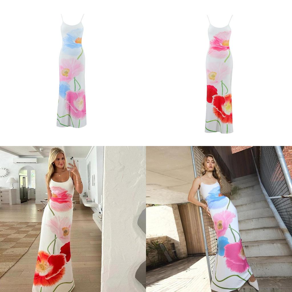 Summer Flower Print U Neck Backless A Line Dress With Sleeveless Design For Teen Women