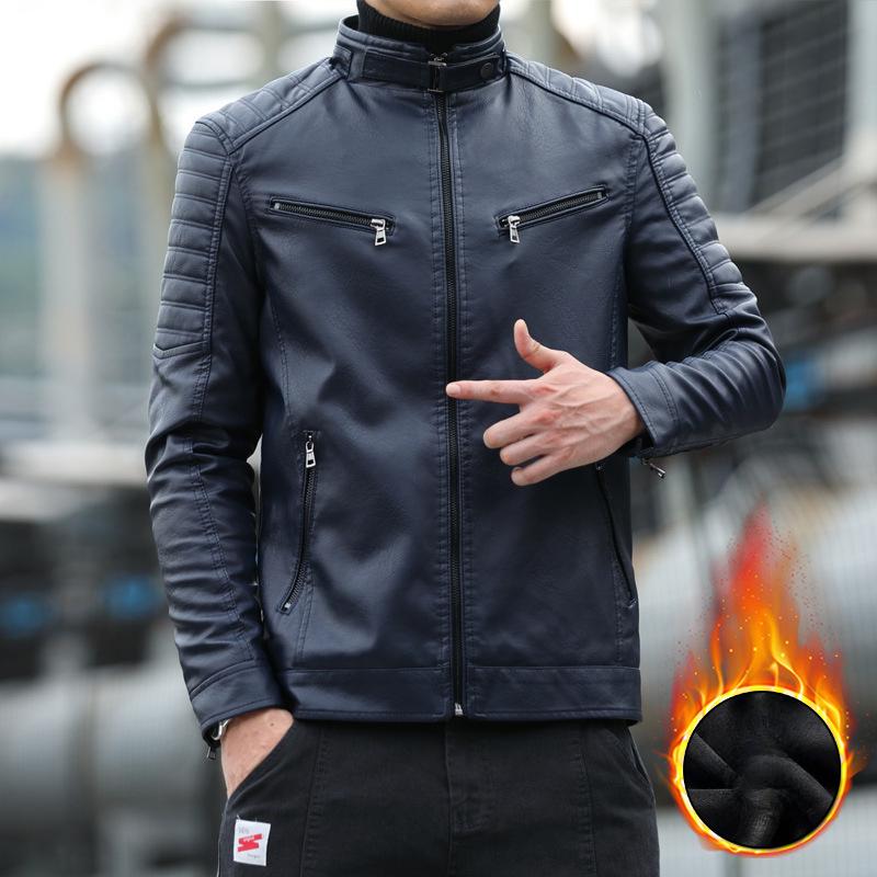 Kožená bunda pro muže podzim a zima nová korejská štíhlá krátká moderní stojáček s límcem pánská kožená bunda moderní značka motocyklová bunda pro muže