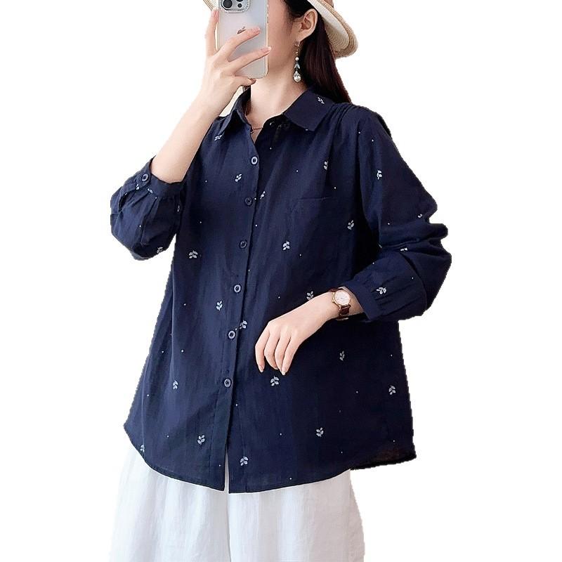 New Korean Temperament Casual Double-layer Cotton Yarn Pure Cotton Printed Shirt Women's Simple Design Versatile Lapel Shirt