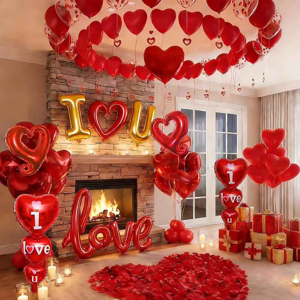 Valentine's Day Balloon Set Red Heart Balloon Simulation Petals for Valentine's Day Proposal Wedding Romantic Decor