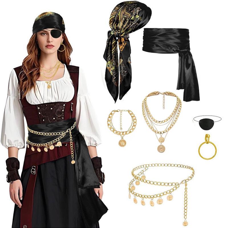 Halloween Cosplay Pirate Accessory Set: Headscarf, Belt, Necklace, Bracelet