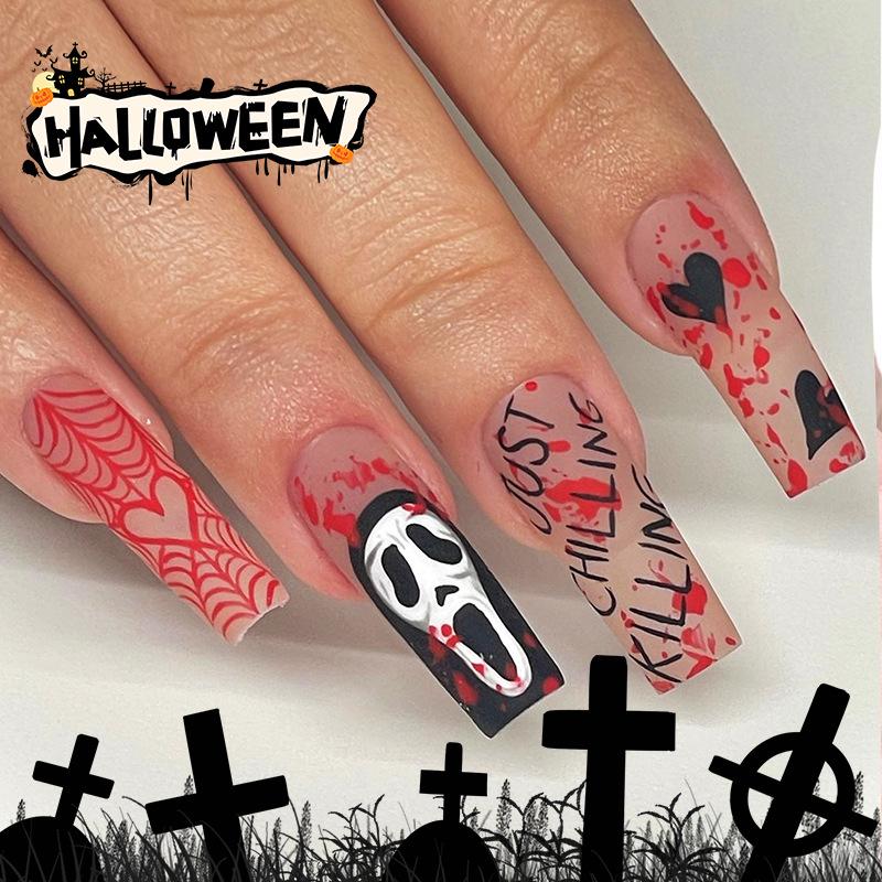 

Halloween Skull & Heart Press-On Nails with Red Accents