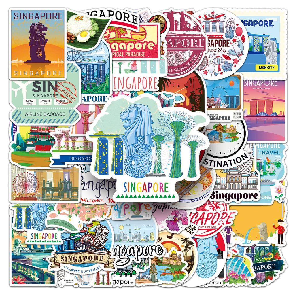 50-Pack Singapore Cartoon Scenery Waterproof Stickers for Travel Journals