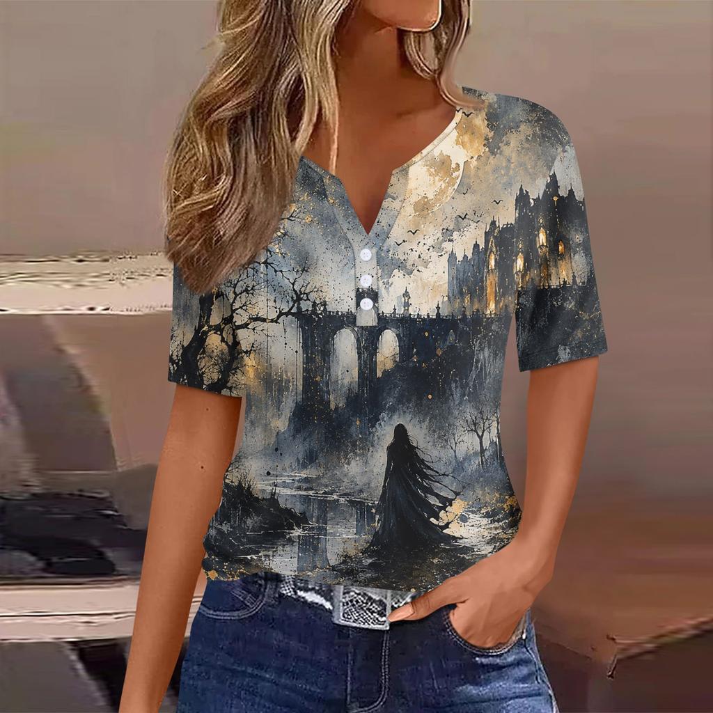 Women’s Casual Halloween Printed V Neck Short Sleeve Button T Shirt Top with and Pumpkin Pattern for Holiday Wear