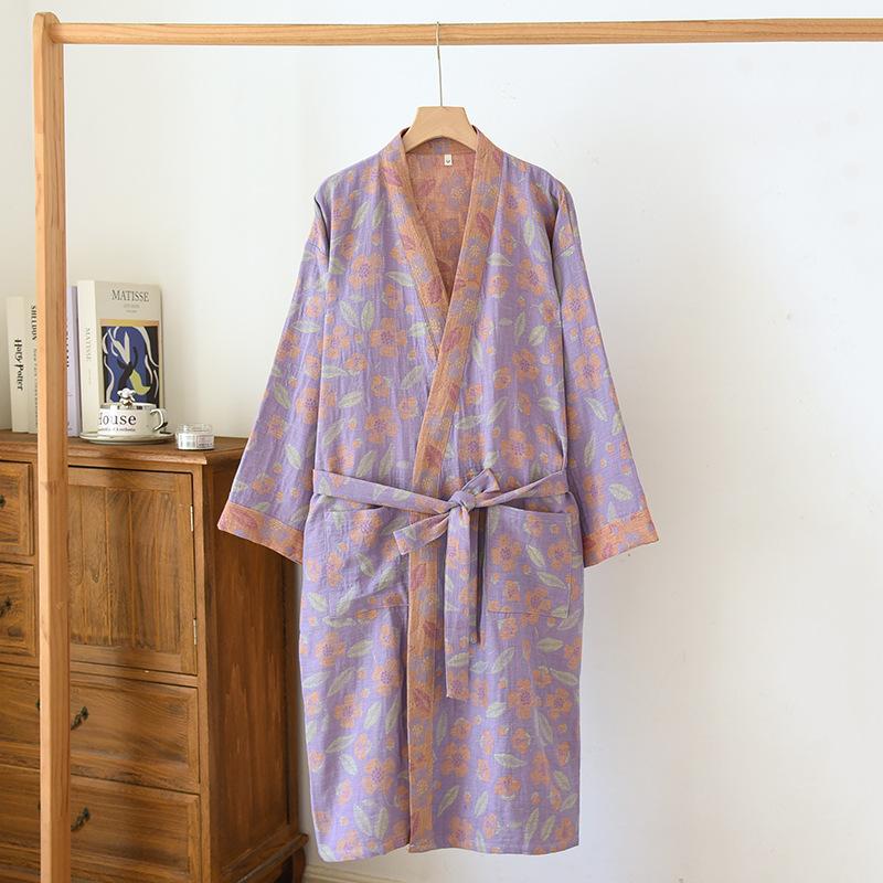 Damen Bademantel im Retro-Stil mit Blumendruck, gewebter Jacquard-Baumwolle, Kimono Yukata Homewear Roben, Nachthemd Bademäntel für Frauen