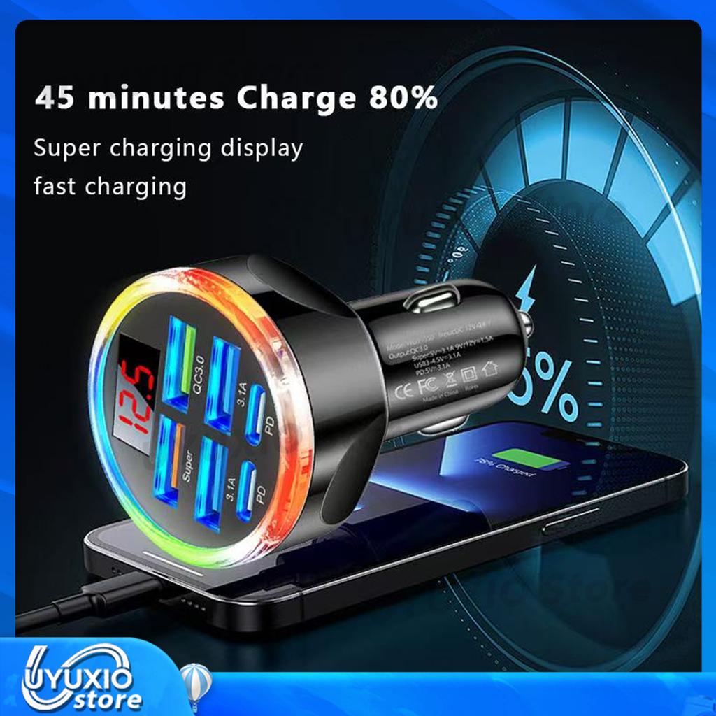6 in 1 USB Car Phone Charger with LED Voltage Monitor Super Fast Charge Adapter for Huawei Oneplus OPPO VIVO Samsung iPhone