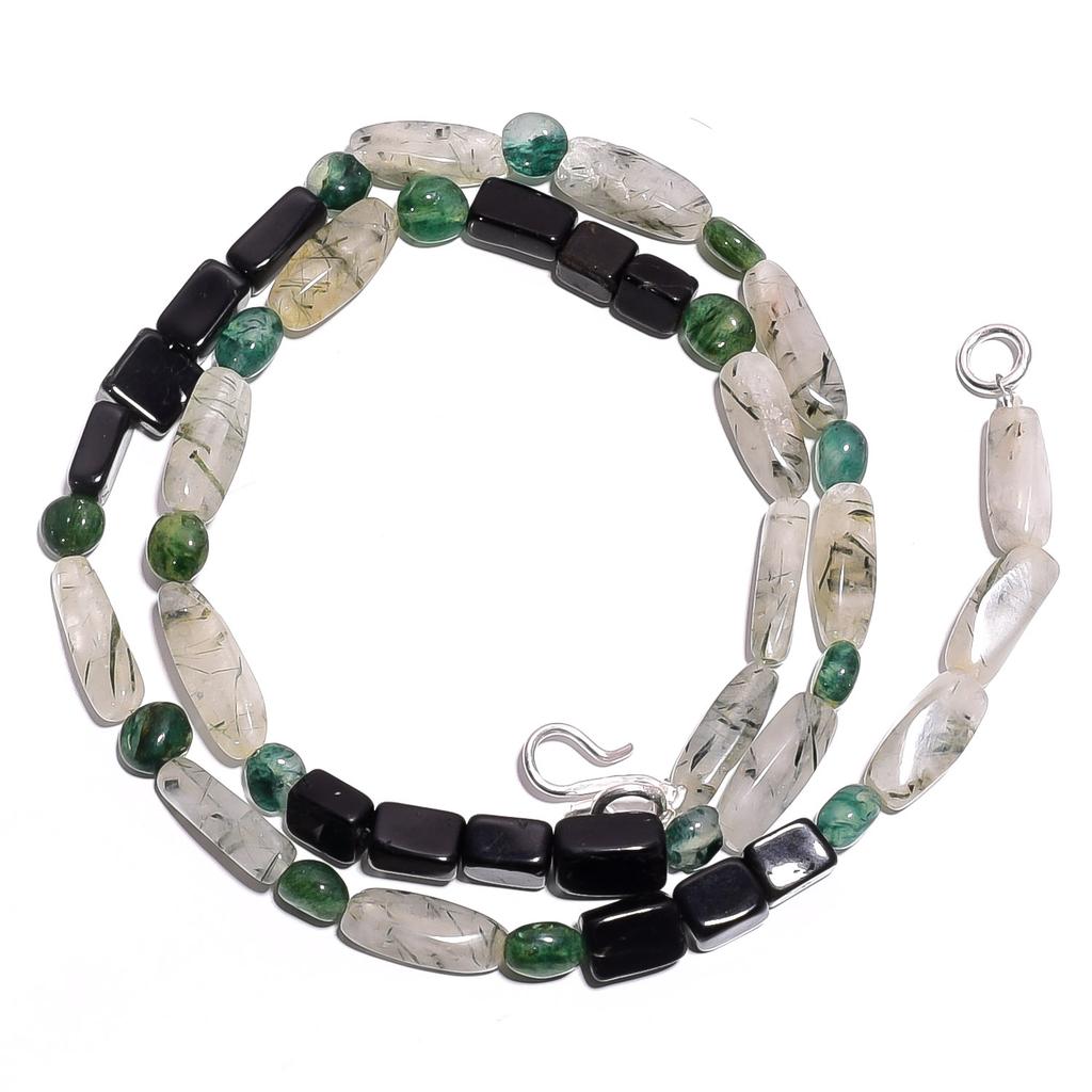 Natural Black Onyx Rutile Quartz Aventurine Gemstone Beads Necklace 17" UB-5068 UB-5068
