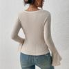 Autumn T-Shirts Women's Casual Plain Screw Thread Long Flare Sleeve Square Neck Skinny Fit Basics T-Shirts