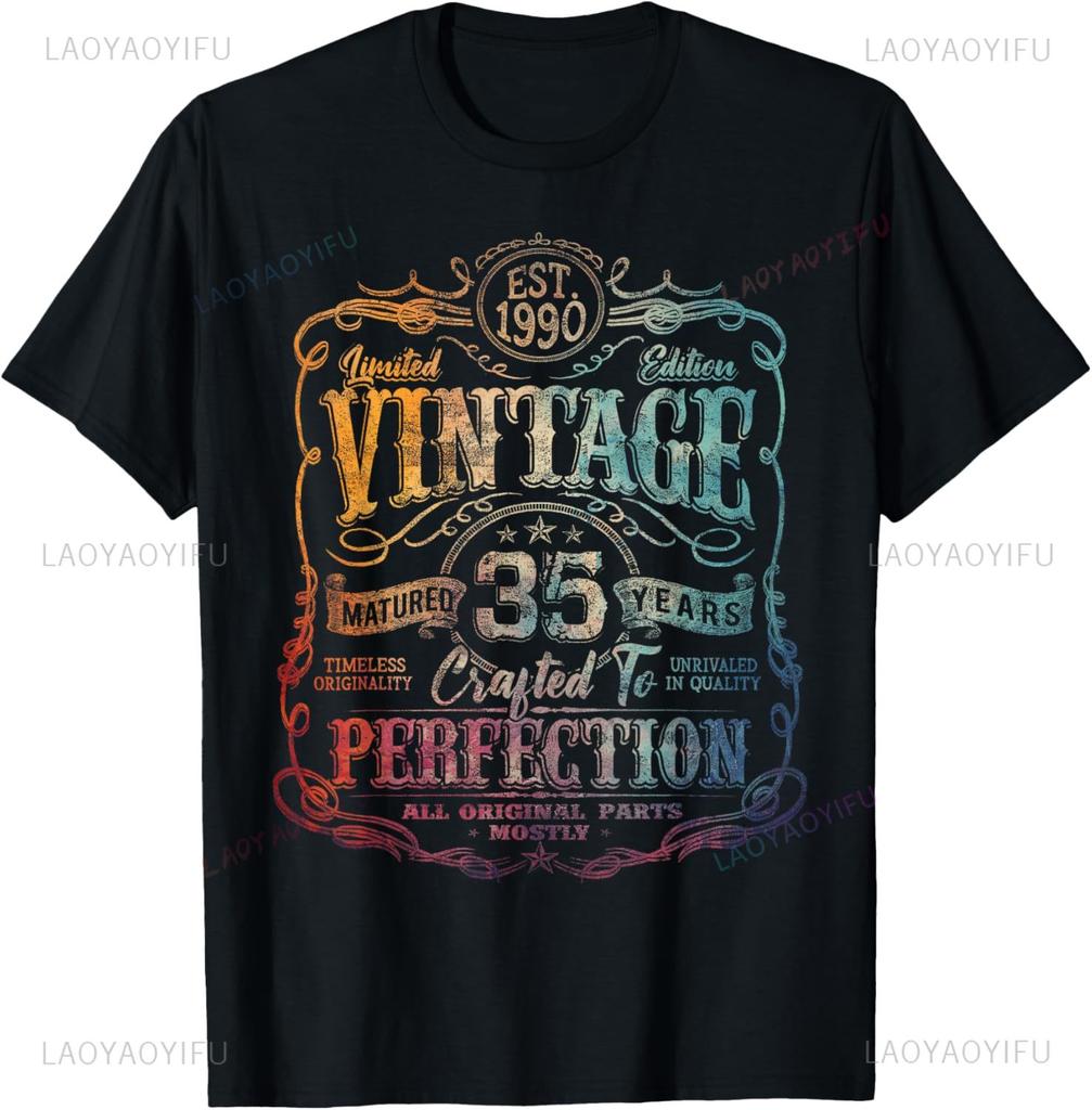 Vintage 35th Birthday Decorations Men Funny 1990 35 Birthday Custom Printed Graphic T Shirts Short Sleeve Camiseta Hombre