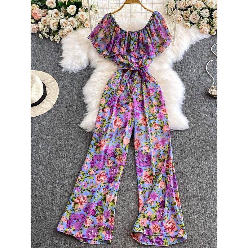 Women's Floral Loose Pants Jumpsuit Summer High Waist Waist-Tight Slimming Flounce off-Shoulder Jumpsuit Short Sleeve