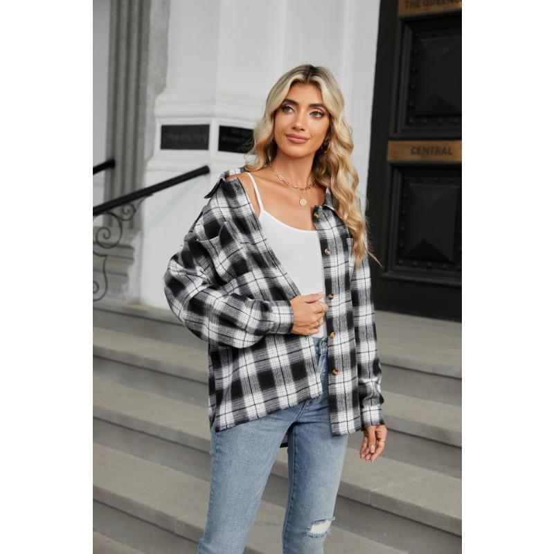 Spring and Autumn Jacket Women's Blouse Plus Size Lapel Long Sleeve Pocket Button Plaid Shirt