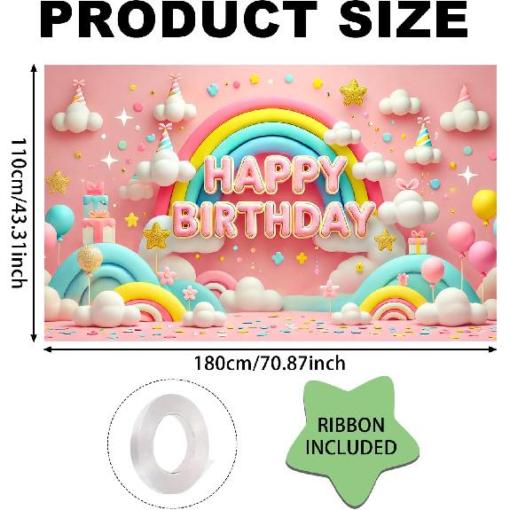 Nuxovilar Happy Birthday Banner - Large 71x43 Inch Pastel Rainbow Clouds Party Backdrop for Kids, Yard Sign, Birthday Decorations