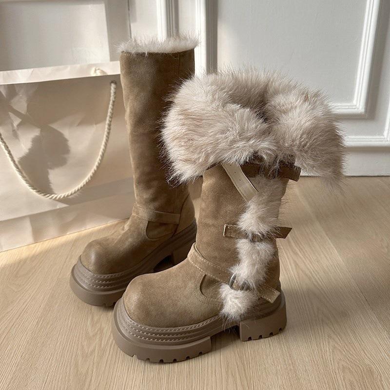 Dicke Sohle, zwei Tragemöglichkeiten, flauschige Schneestiefel für dünne Frauen im Winter, Nordost-Stiefel, hoch und samtig, aber knielang
