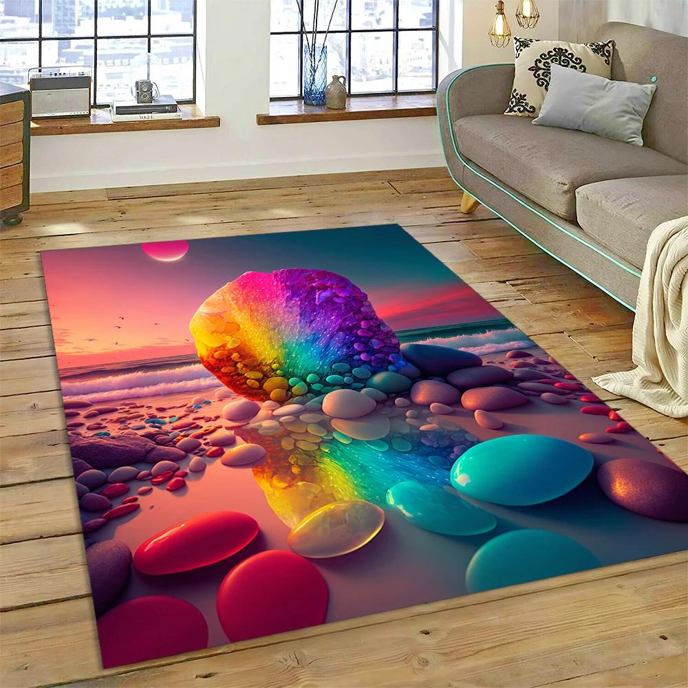 2025 New Style Colorful Pebble Rainbow Road Beach Stone Scenery Carpet Rug for Living Room Bedroom Home Sofa,Non-slip Floor Mat