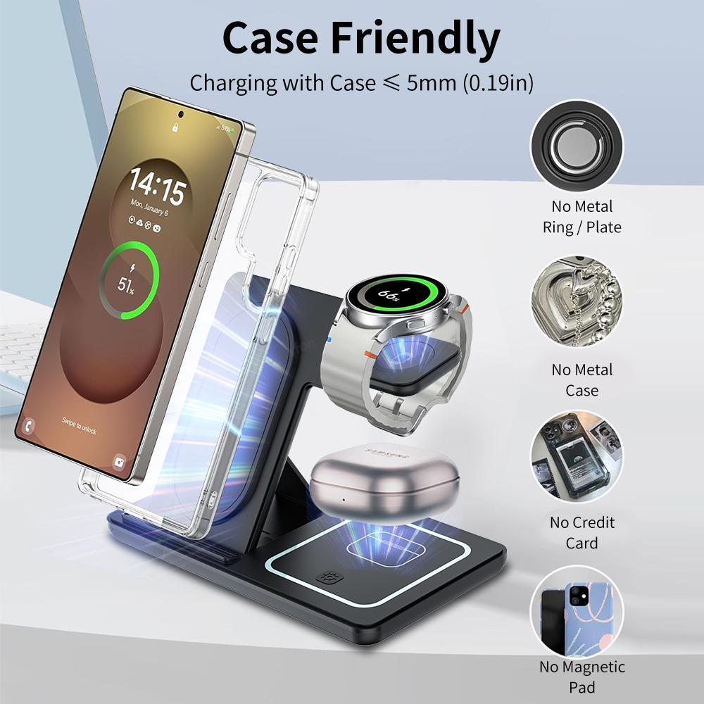 Foldable 3 In 1 Wireless Charger Desk Stand For Samsung S24 S23 Galaxy Watch 2-8 Active 1 2 Buds Pro LED Fast Charging Station