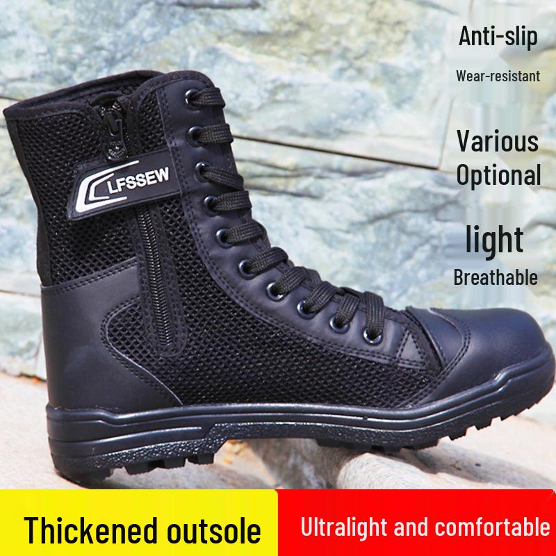 Men's High-Top Black Tactical Safety Boots - Non-Slip, Breathable, Durable for All Seasons Hiking