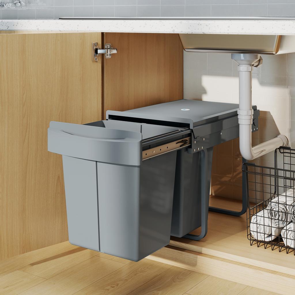 Pull Out Bin, Kitchen Under Sink Bin with 2 Removable Compartments, Smooth Glide, Grey