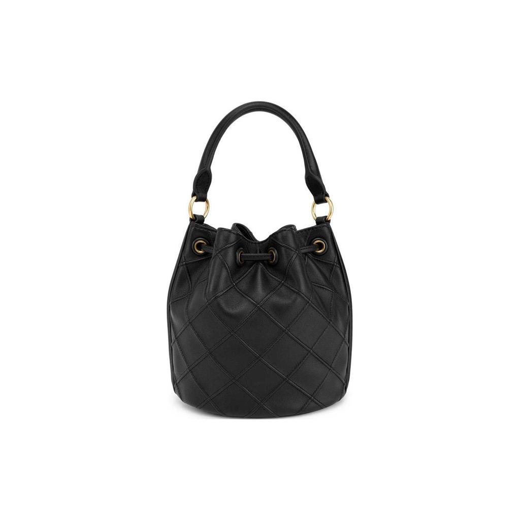 Tory Burch Fleming Logo Messingakzente Plissiert Gestepptes Leder Beuteltasche Damen Handtaschen Schwarz 142565-001