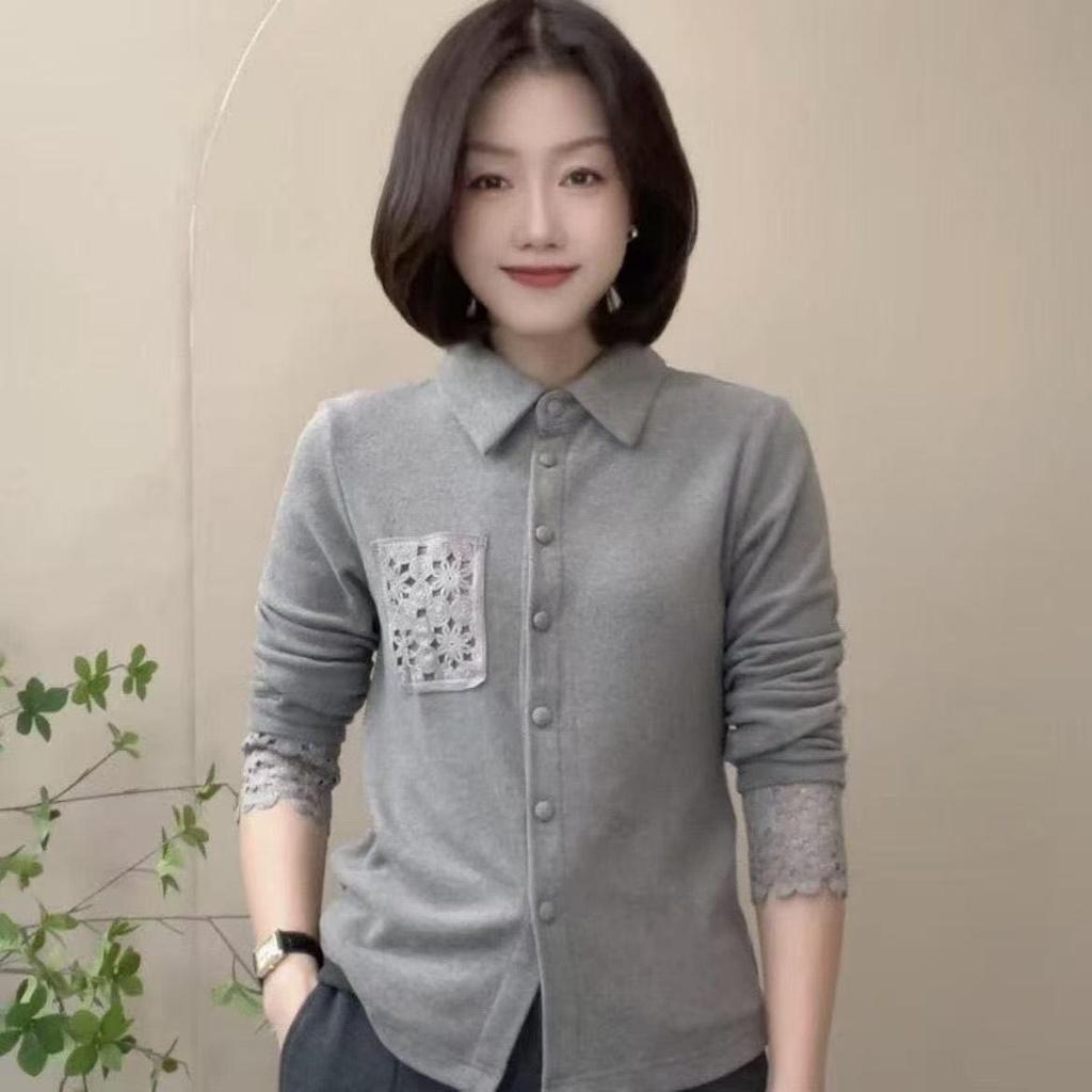 2025 Autumn/Winter Women's Double-Sided Velvet Shirt: Stylish, Solid Color, Long Sleeve, Slimming Fit, Collar Detail.