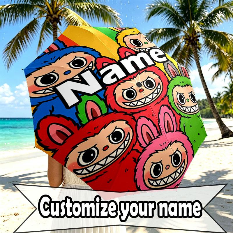 Custom Name Personalized Labubu Print Umbrella, Auto Open Close, 8‑Rib Sturdy Frame, Commute Camping Hiking Use, Birthday Gift