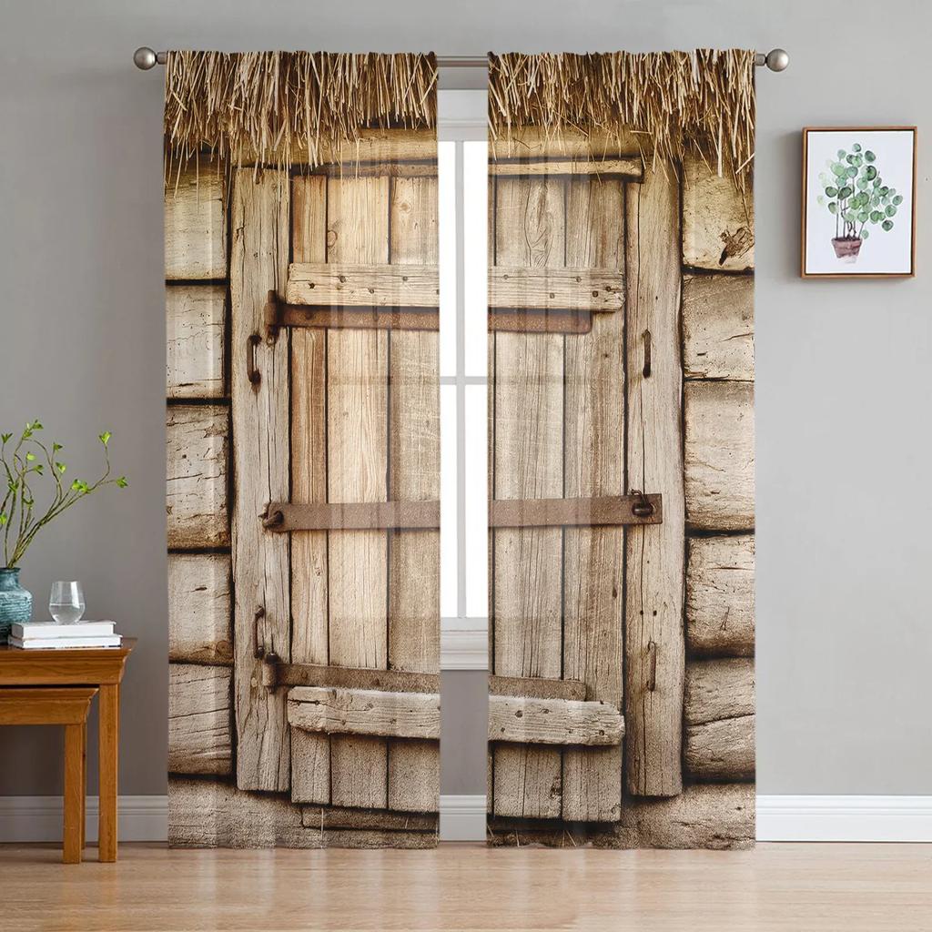 Farm Barn Wooden Door Tulle Curtains for Living Room Print Sheer Voile Curtain Bedroom Window Screening Drapes Blinds Home Decor