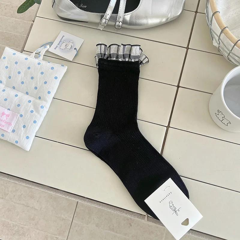 

Korean Plaid Lace Boneless Socks Women Mid Tube Socks Spring Summer Thin Style Cuffed Cotton Socks Summer Fashion Slouch Socks One Size