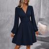 Women's Fashionable Solid Color V Neck Long Sleeved Pleated Versatile Dress