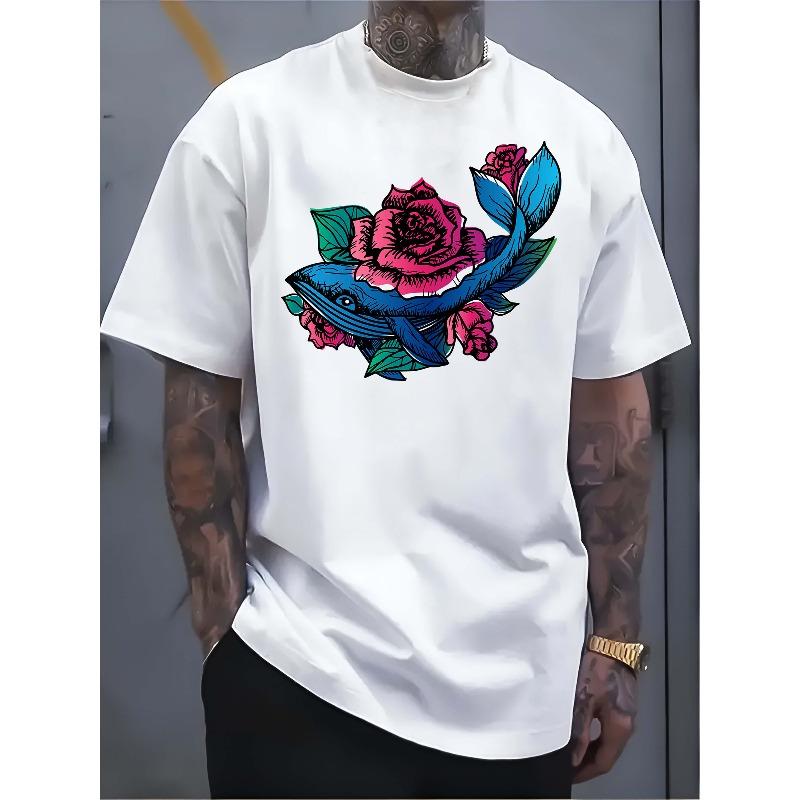 

European sizes Men s White T - shirt: Ocean Blossom: Vibrant Whale & Rose Tee 4XL білий
