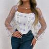 Women's Long-sleeved Square-neck Shirt With Straps And Waist-baring Diamond-shaped Herringbone Top