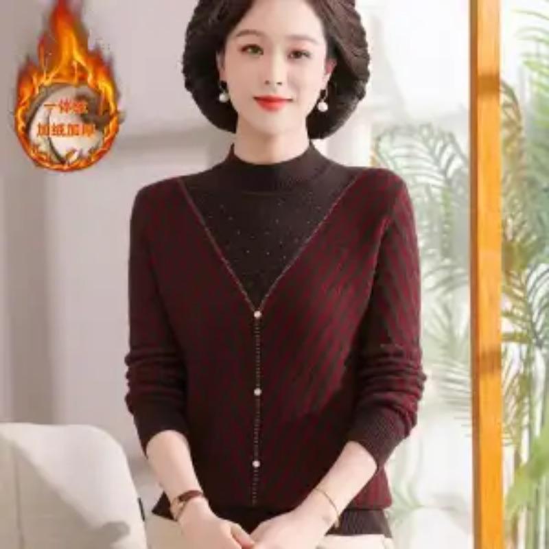 Autumn and Winter Mother Plus Velvet Sweater Half Turtleneck Base Thickened Loose Fitted Top the Elderly