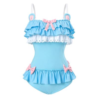 LittleForBig Adult Romper, Cotton Tank Top, Triple-Layer Ruffles, Bowknot, Fancy Bear Ear Straps, Blue, Size XL