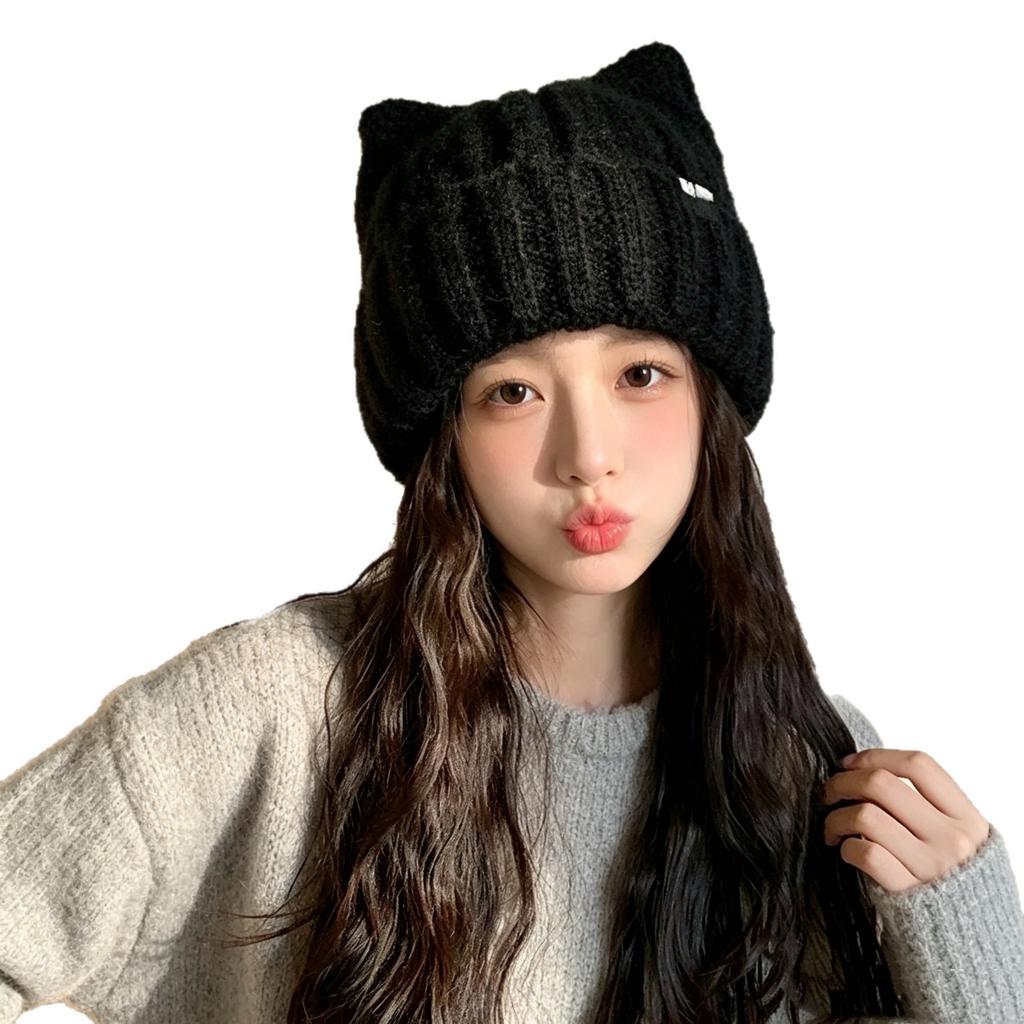 Cat ears wool hat women's autumn and winter new warm cute knitted hat thickened versatile cold hat