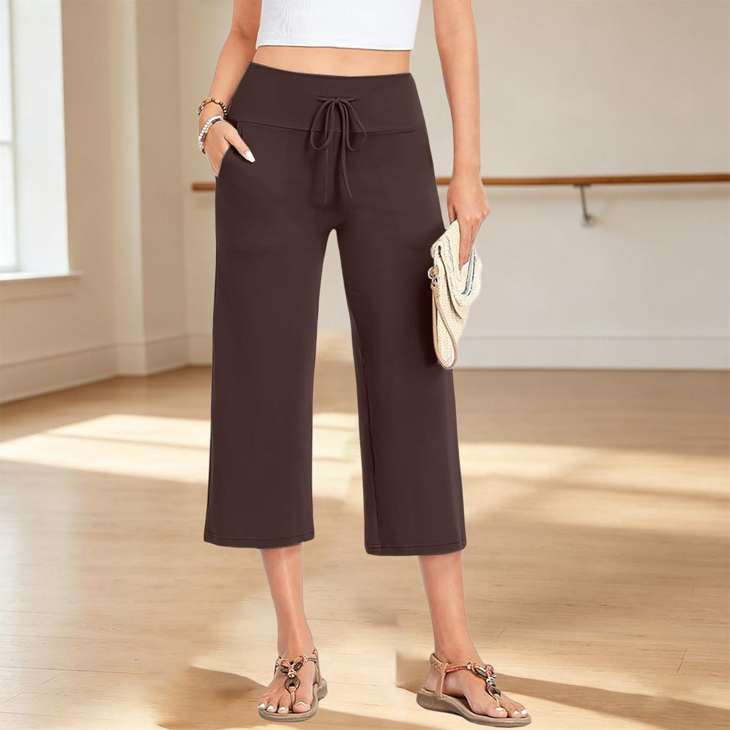 Women's Summer Casual Drawstring Waist Loose Fit Pocketed Capri Pants Lightweight Breathable Fabric Comfortable Fit