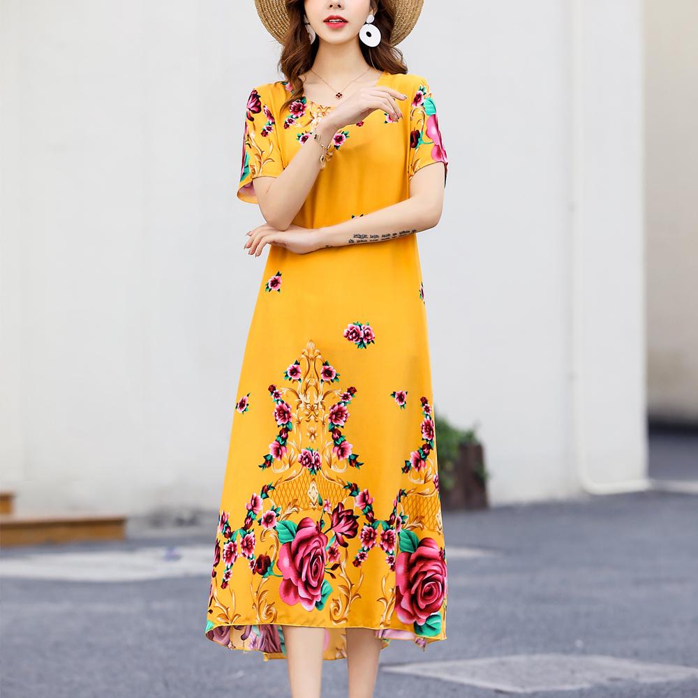Dle Aged Mother Wearing Cotton Silk Dress Summer Dress for Long Vintage Loose Women Elegant Short Sleeve Casual O-neck Dresses Print Woman Clothing