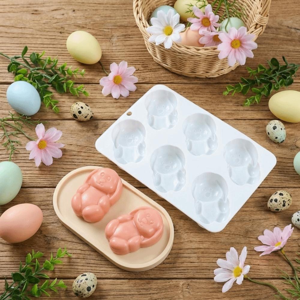 DIY Project 6-Cavity Easter Bunny Mold Rabbit Shape Reusable Mousse Cake Mold Non-Stick Flexible Chocolate Mold Soap Making