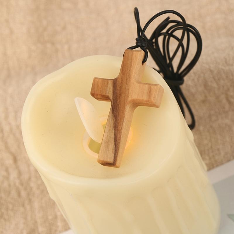 Hand-carved Tapered Wood Cross-shape Necklace Long Leather Rope Adjustable Olive Wood Pendant for Boys Girls Men Women