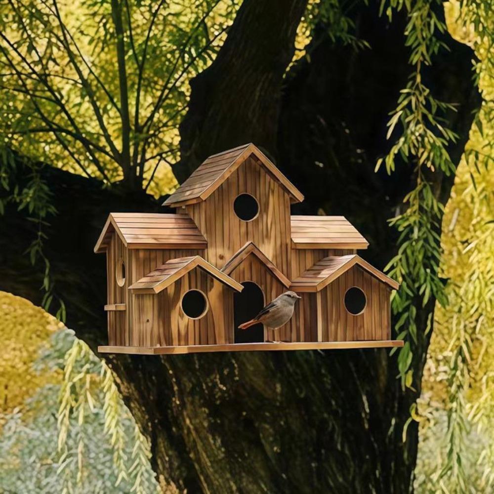 Wooden Bird House Cage Natural Wood Outdoor Hanging Nesting Shelter for Hummingbird Garden Patio Decoration