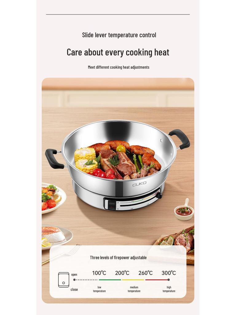 Sartén Eléctrica Multifunción y Plancha CUKO con Tapa de Acero Inoxidable