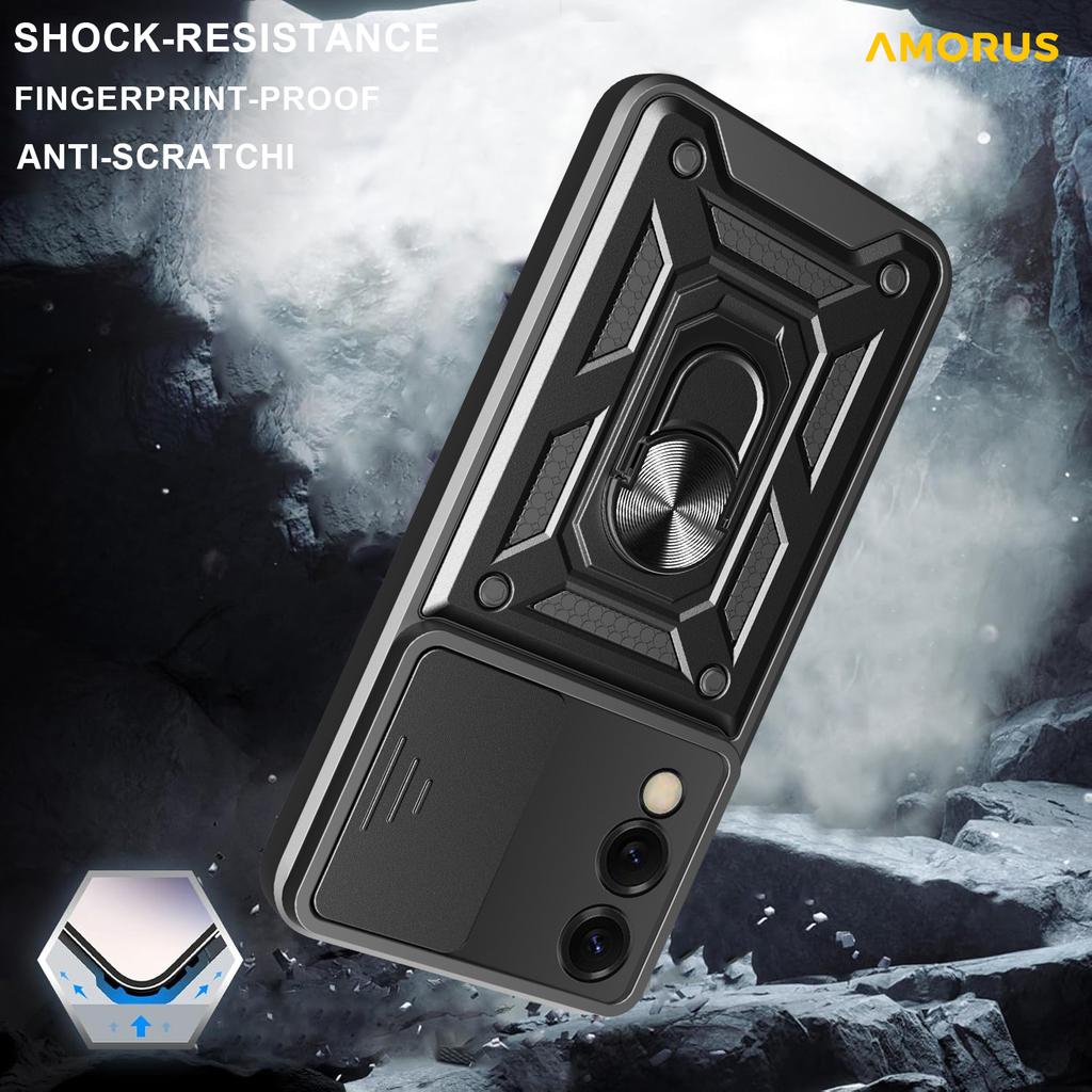 AMORUS For Samsung Galaxy S25 Edge Case Kickstand PC+TPU Phone Cover with Camera Lens Slider