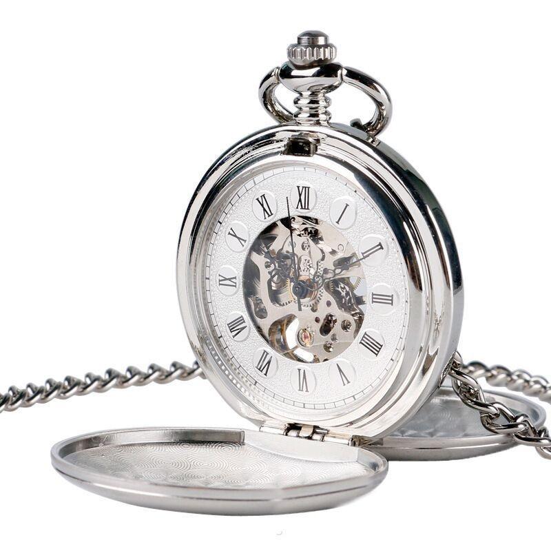 Vintage Men's Mechanical Pocket Watch Roman Numerals Dial, Double Cover Gold Pocket Watch with Chain for Daily Gifting