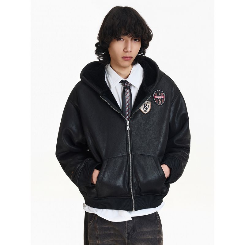 Blaexit Winter Retro Embroidered Badge Cotton Lamb Wool Padded Leather Jacket Men's Thickened Hooded Cotton Coat