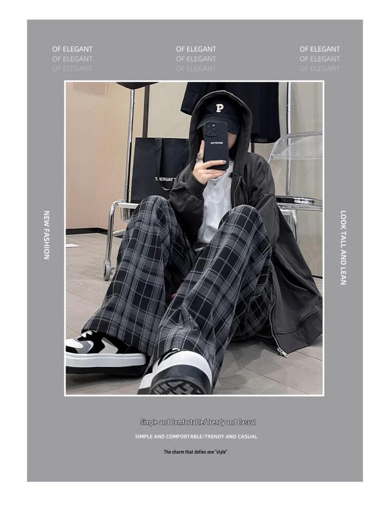 Women's Black & White Plaid Wide-Leg Trousers - Loose Fit, Floor-Length, Perfect for Spring/Autumn