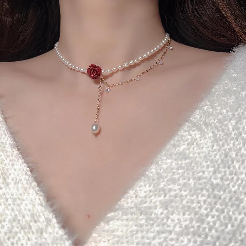 

Rose Flower Zircon Pearl Necklace for Women Female Clavicle Chain Red Camellia Necklaces Women necklace rose