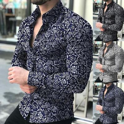 Mode Heren Casual Bloemendruk Slim Fit Lange Mouw Omgeslagen Kraag Shirt Top