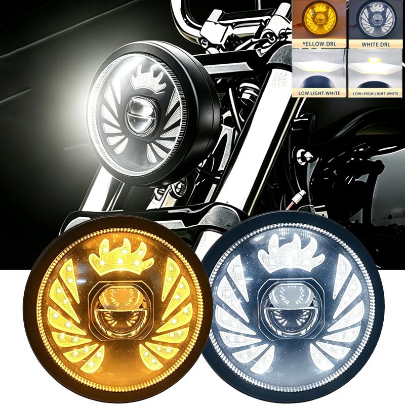1PCS 5.75" Round LED Vintage Motorcycle & E-Bike Front Headlight, White Hi/Lo Beam Projector, White/Amber DRL Driving Lamp, High Brightness 12V-36V