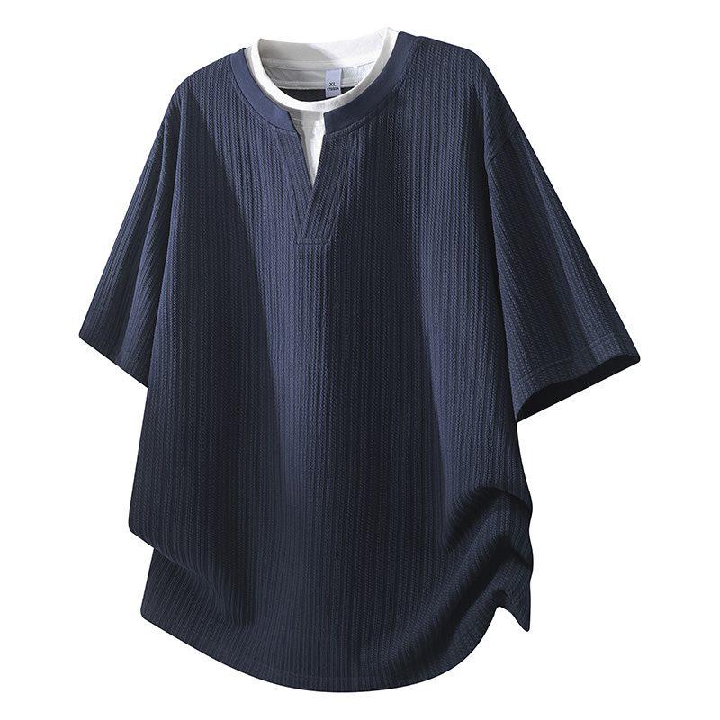 Men s Summer Trendy Casual Loose Fit Two-Piece Look Henley T-Shirt L темно-синий