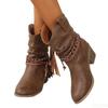 Botas da moda femininas de cano médio em tamanho grande, retrô, salto grosso, com borlas, decote em V, simples, confortáveis