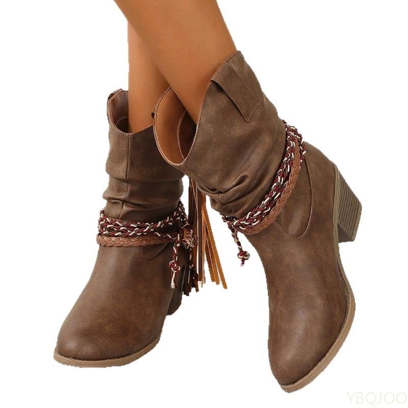 Botas da moda femininas de cano médio em tamanho grande, retrô, salto grosso, com borlas, decote em V, simples, confortáveis