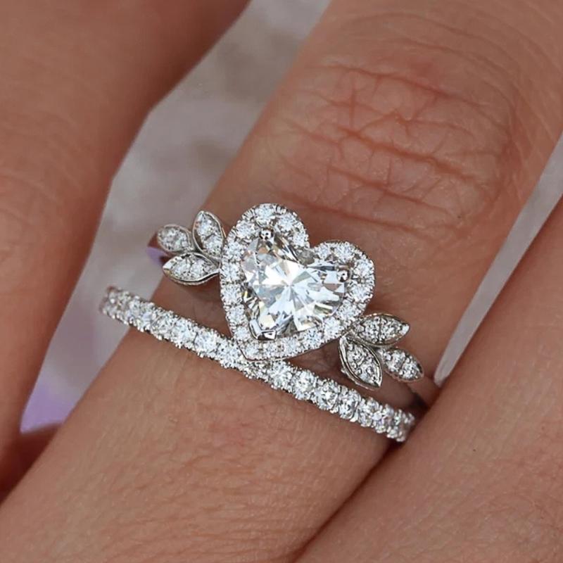 Huitan Creative Heart Rings Set Women for Wedding Brilliant Cubic Zirconia Luxury Trendy Female Accessories Engagement 8